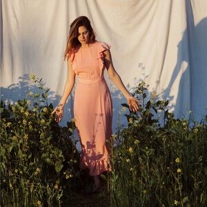 Christy Dawn Quinn Apricot Coral Ruffle Sleeve Midi Dress